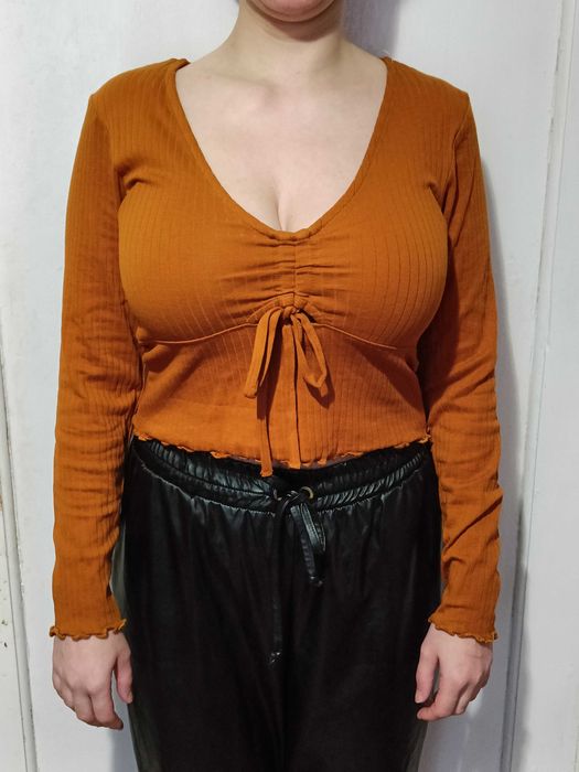 Женский кроп-топ в полоску Gemo, реглан с длинными рукавами коричневый