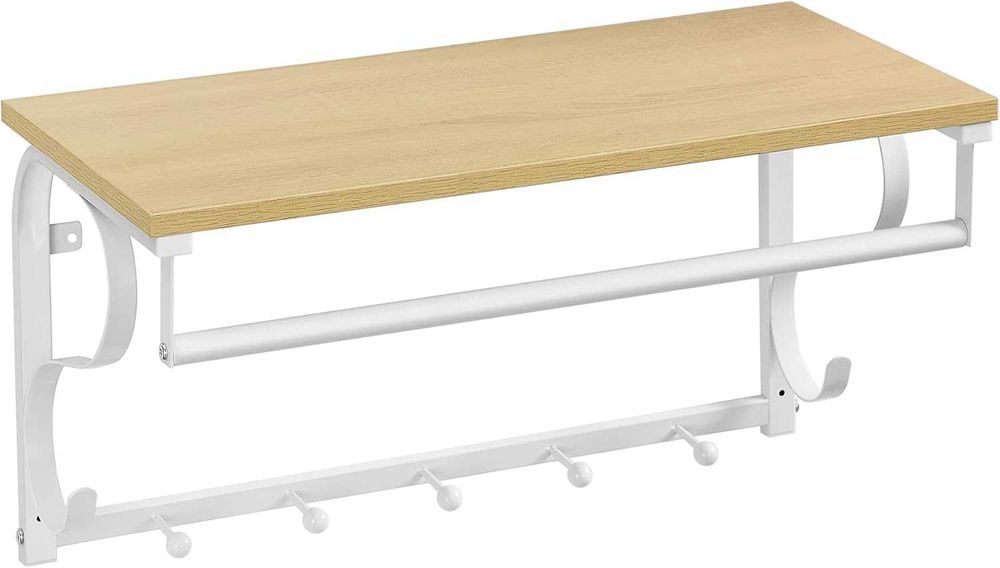 Półka ścienna z wieszakami ,biała ,jasny dąb