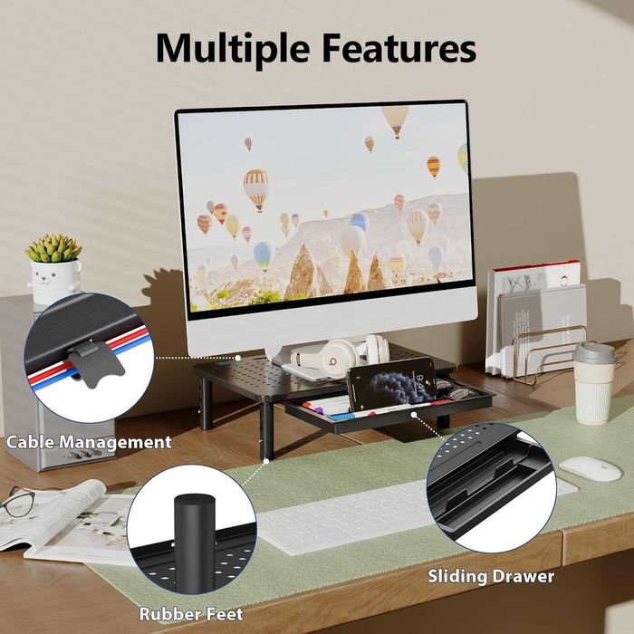 BONTEC Regulowany Stojak na Monitor z Szufladą, Podstawka do Laptopa