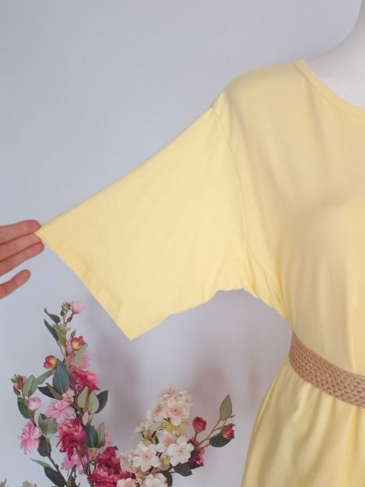 Żółta masłekowa sukienka bawełniana midi plus size 46 48 50 boho maternity kieszenie