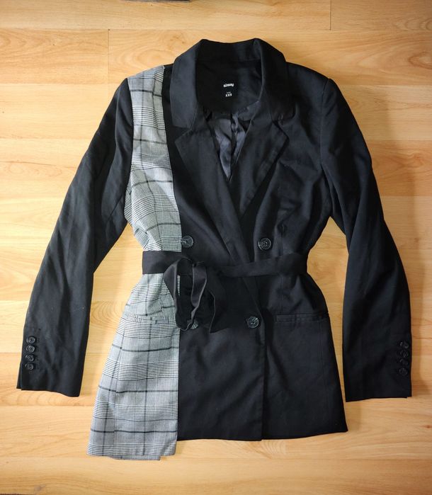 Sinsay | marynarka | asymetryczna | krata | kratka |  czarna | unikat