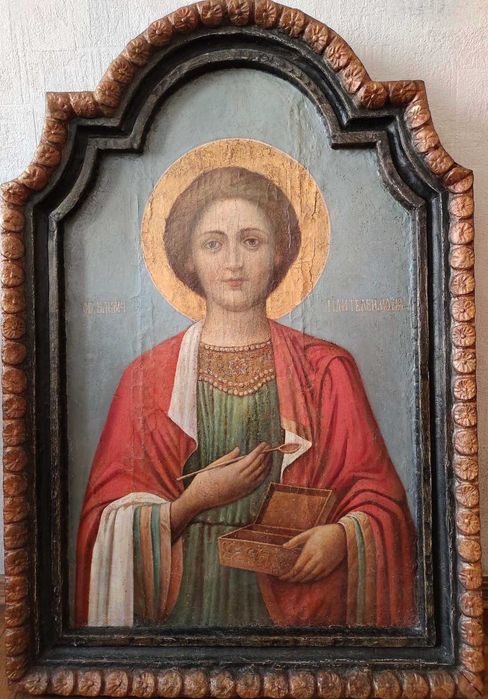 Икона целитель Пантелеймон XIX век 96х53 см