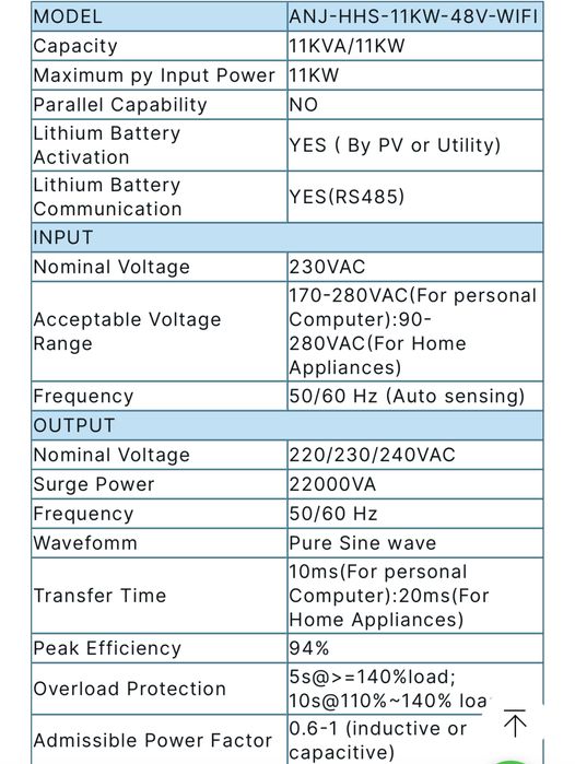 Гібридний інвентор Anenji 11 квт, 2 MPPT, wifi, працює без батареї.