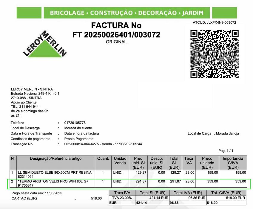Novo termoacumulador Ariston Velis PRO WIFI 80 litros