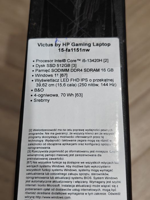 Laptop HP Victus 15-FA1151NW RTX4050 Intel i5