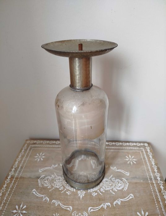 Antigo Castiçal/Porta Velas - Vidro e Metal