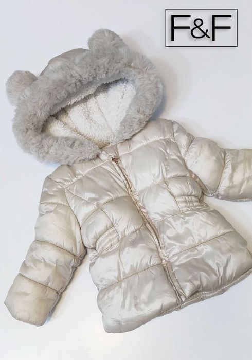 56 62 M&S 2w1 Kurtka zimowa + Rękawiczki Ciepła Kaptur Futro Fioletowa