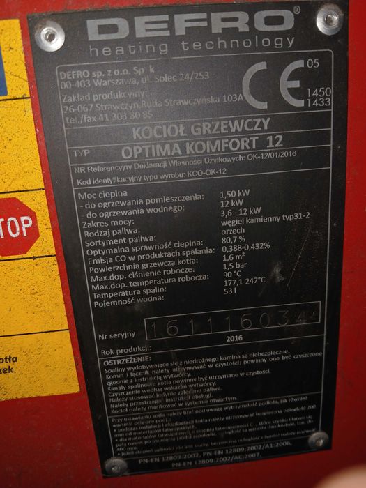 Piec Defro 12 kW 2016 używany.
