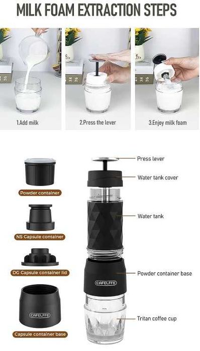 Ручна еспресо-машина CAFELFFE – портативна кавоварка 3-в-1 (чорна)