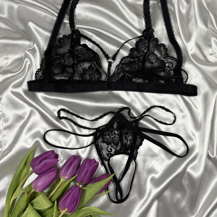 Seksowny czarny komplet bielizny L biustonosz stringi