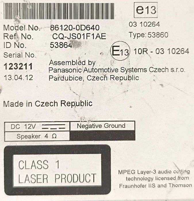 Rádio / Auto Rádio 86120-0D640 - TOYOTA YARIS