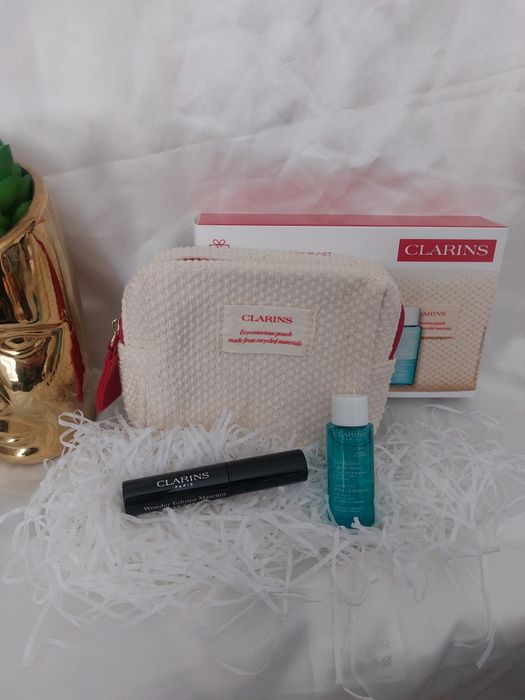 Набір Clarins туш для вій, засіб для зняття макіяжу, косметичка