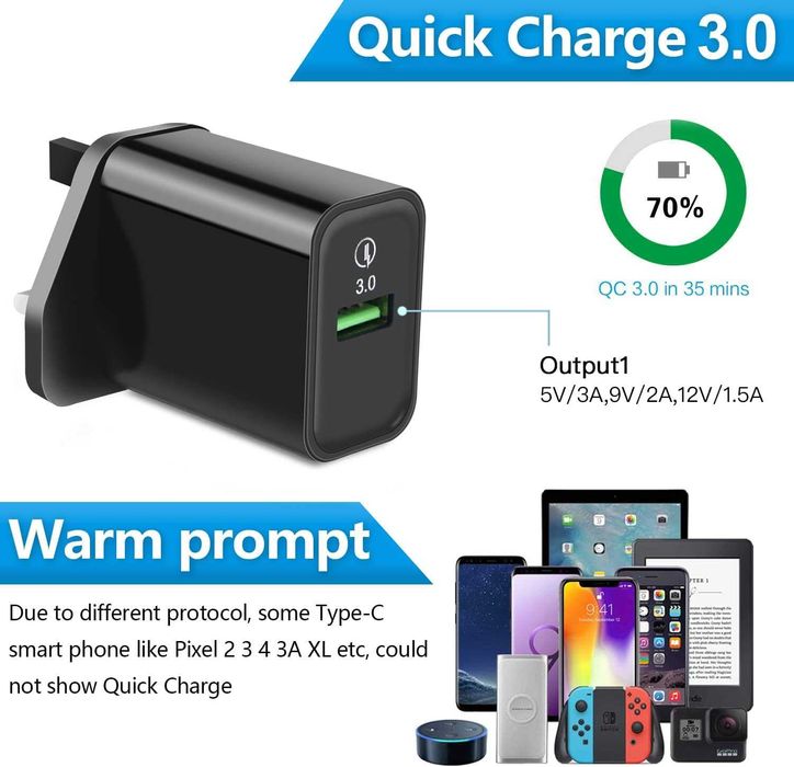 Ładowarka USB QC 3.0 18W + Kabel USB-C 1,8 m Szybkie Ładowanie UK