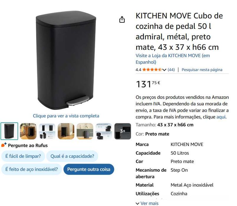 Caixote do lixo Preto - 50 litros - Aço Inoxidável