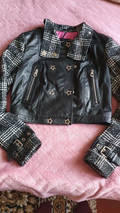 Косуха женская укореченная с натуральной кожи+текстиль коженная куртка