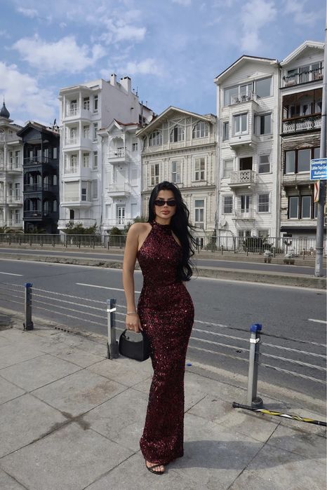 Сукня паєтки довга бордо