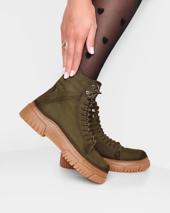 Kulig zielone trzewiki botki ze skóry naturalnej nubukowej zamsz nubuk
