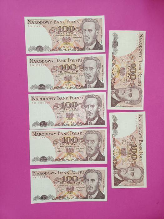 7 banknotów 100zł stan idealny
