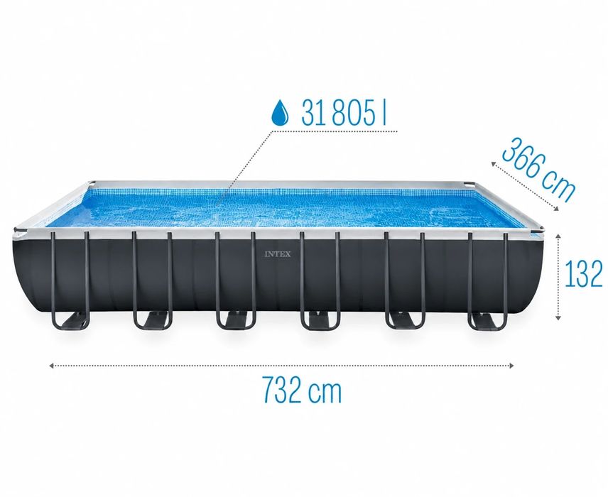 Каркасний басейн Intex 26364 / 26368 (732×366×132) з піщаним насосом ULTRA XTR Rectangular Frame Pool 7 м великий прямокутний