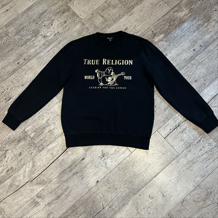 Czarna męska bluza True Religion gruby budda na gitarze gra