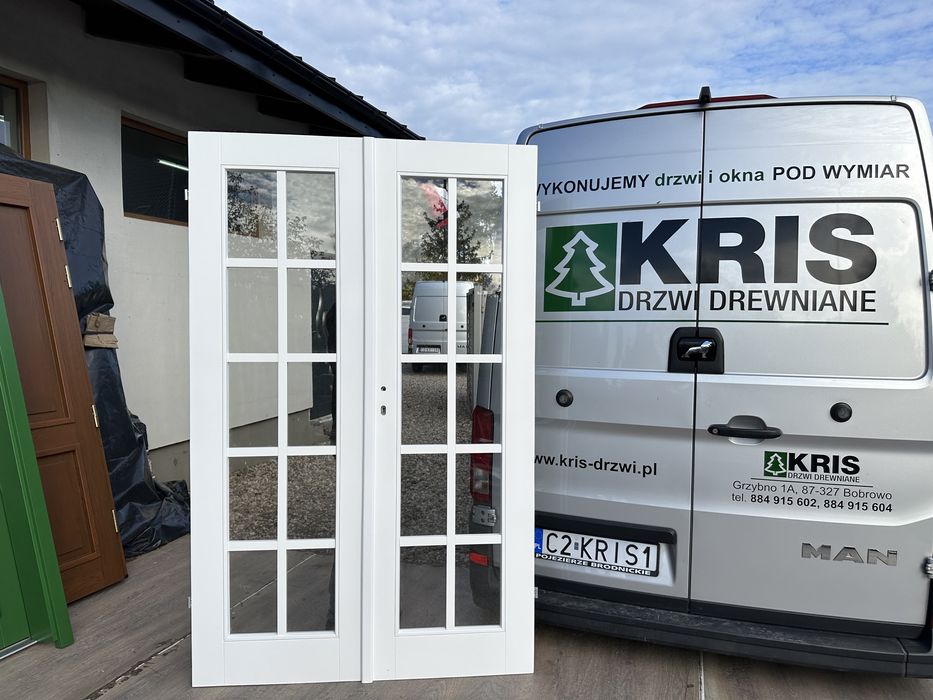 Drzwi drewniane dwuskrzydłowe OD RĘKi FRANCUSKIE PRZESZKLONE Białe Cała Polska