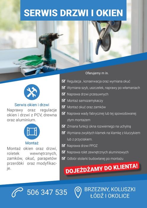 Serwis, Regulacja, naprawa, konserwacja okien PCV, Alu; Drzwi zew wew