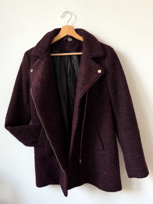 Wełniana ramoneska kurtka burgundowa wełna H&M 36 S boucle kieszenie