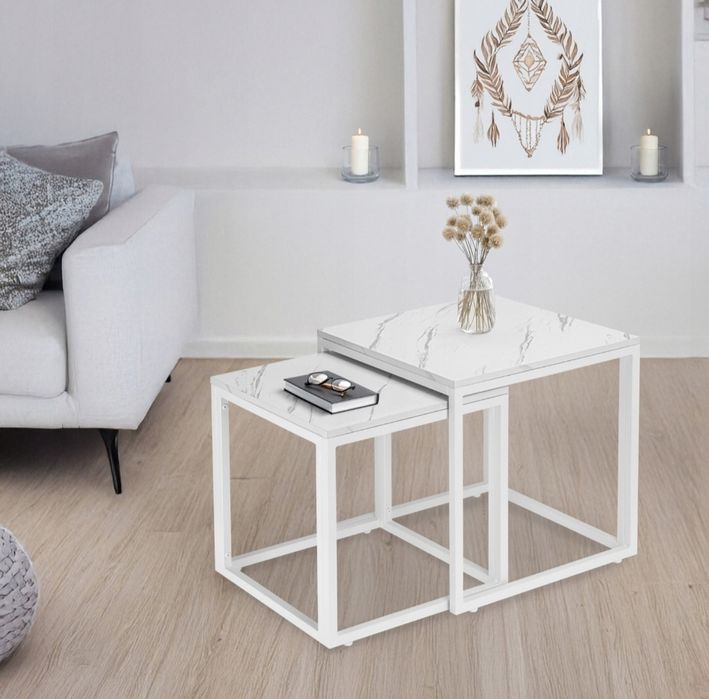 STOLIKI KAWOWE ZESTAW 2w1/ MARMUR, rozkładane, kwadratowe