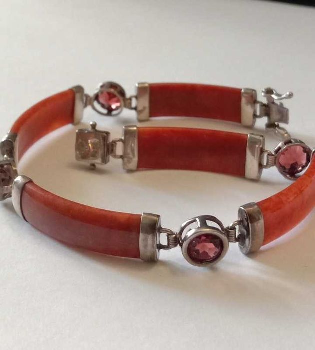 Серебряный браслет гранат нефрит золото антикварный винтажный