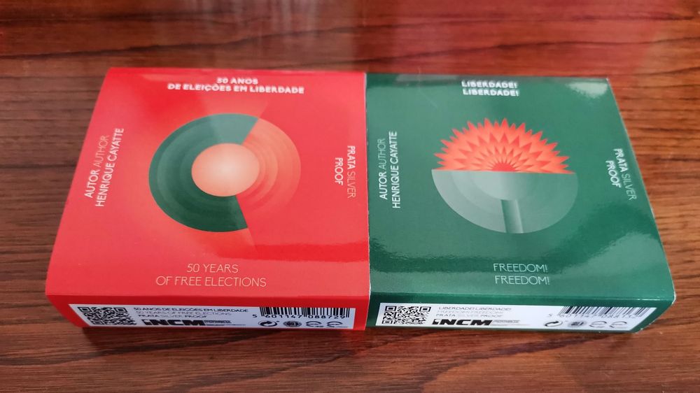Moedas prata proof "Liberdade" e "50 anos de eleições em liberdade"