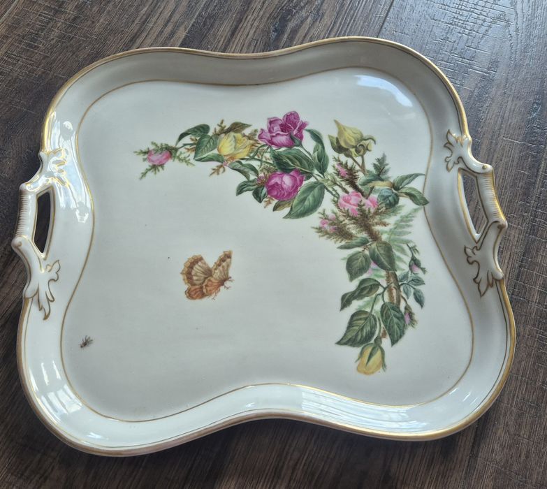 Duża taca / patera vintage • Porcelana z Niemiec • Róże i motyl • 39x34 cm