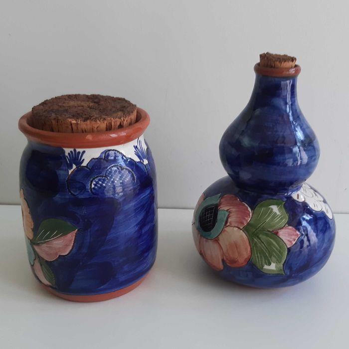2 Peças Barro Artesanal Pintado á Mão Portugal Pote e Cabaça