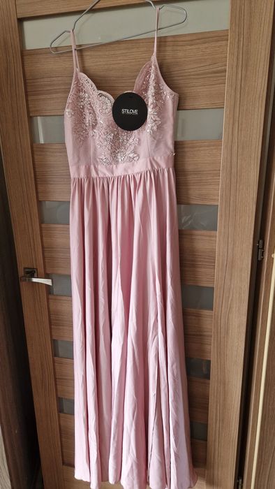 NOWA Sukienka pudrowy róż - satynowa z koronką rozmiar 38