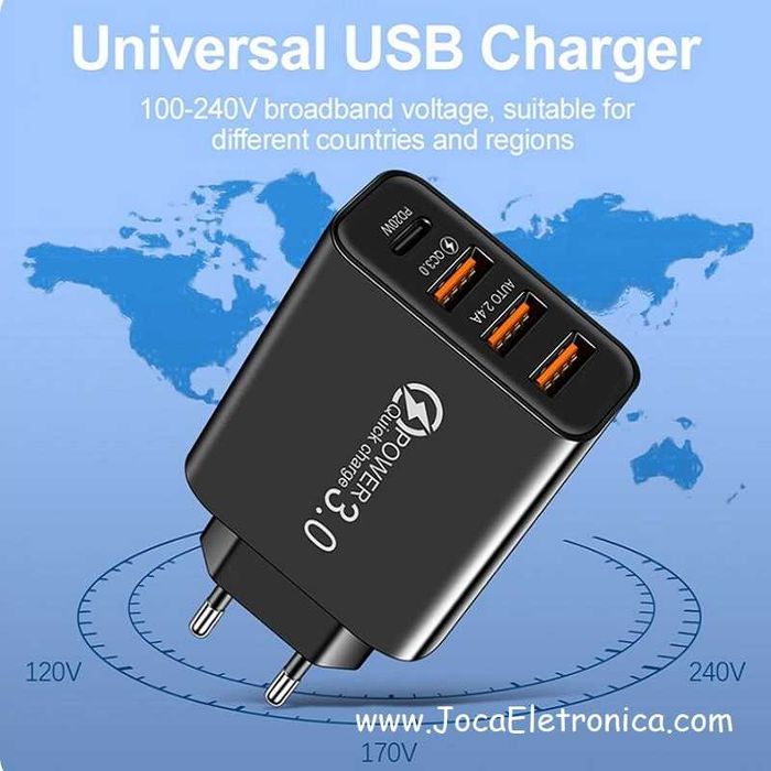 Carregador 3 Usb-A / 1 Usb-C Pd Qc3.0 20W Preto