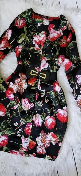 Sukienka Koszulowa Satynowa Kwiaty Elegancka Boho Retro Vintage M