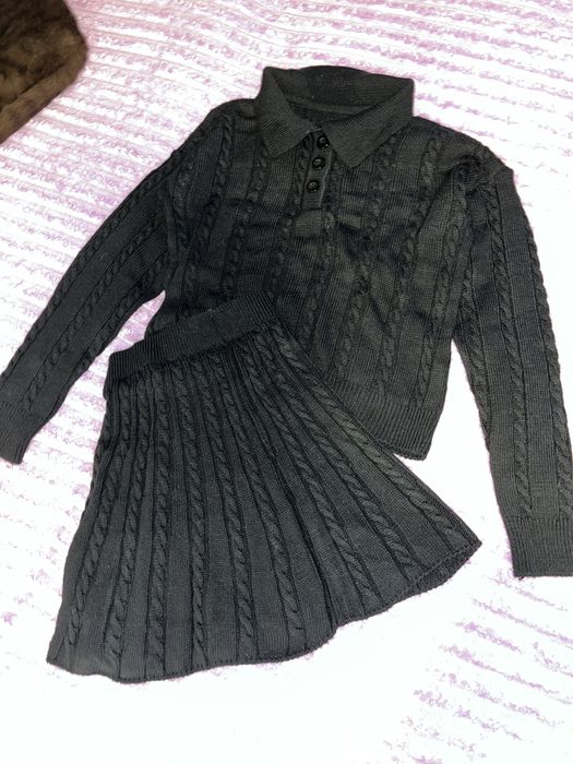 Теплый вязаный костюм юбка кофта S
