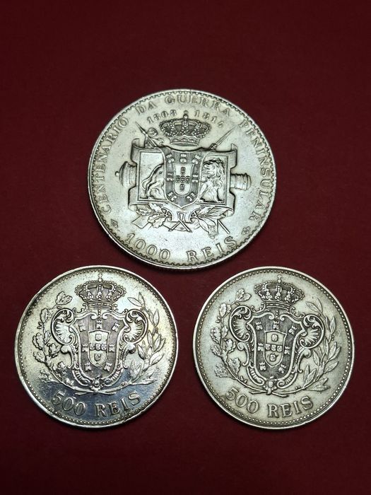 Lote de 3 moedas em reis de prata período D. Manuel II