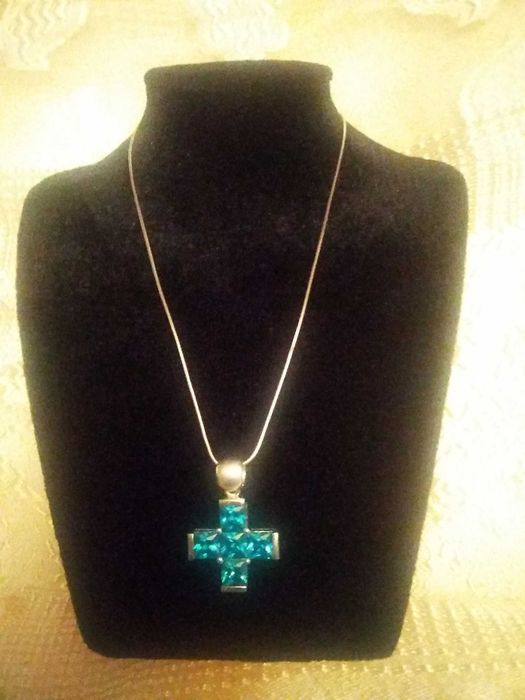 Серебряные колье,крест и подвеска с  цветными фионитами,925пр.Италия