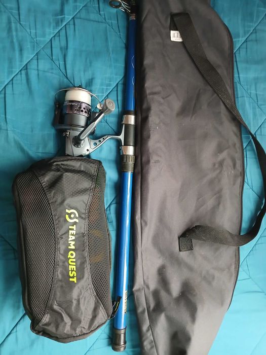 Cana de pesca + carreto + acessórios+ saco