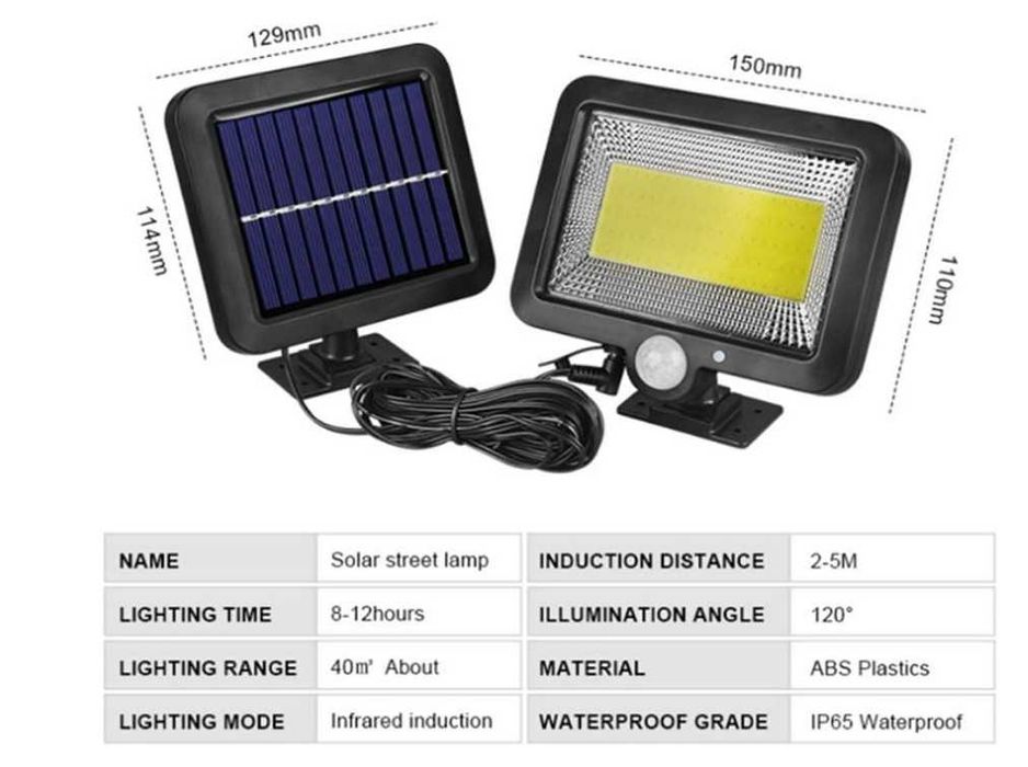 Holofote luz Solar Led COB 260LM 10h autonomia, Sensor Movimento, IP65