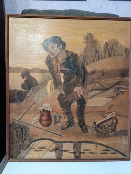 Картина-маркетри  «Рыболов» Перова В. , 1970-80гг