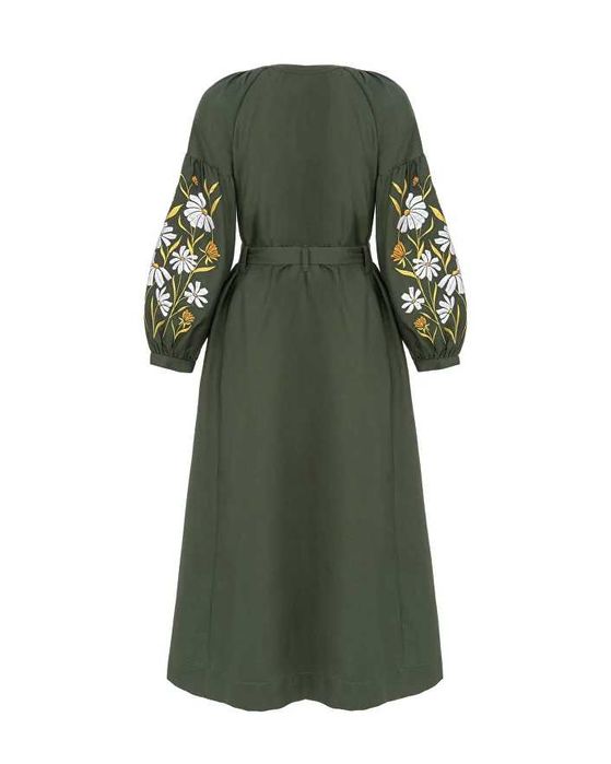 Вишита сукня вишиванка, хакі з ромашками, L