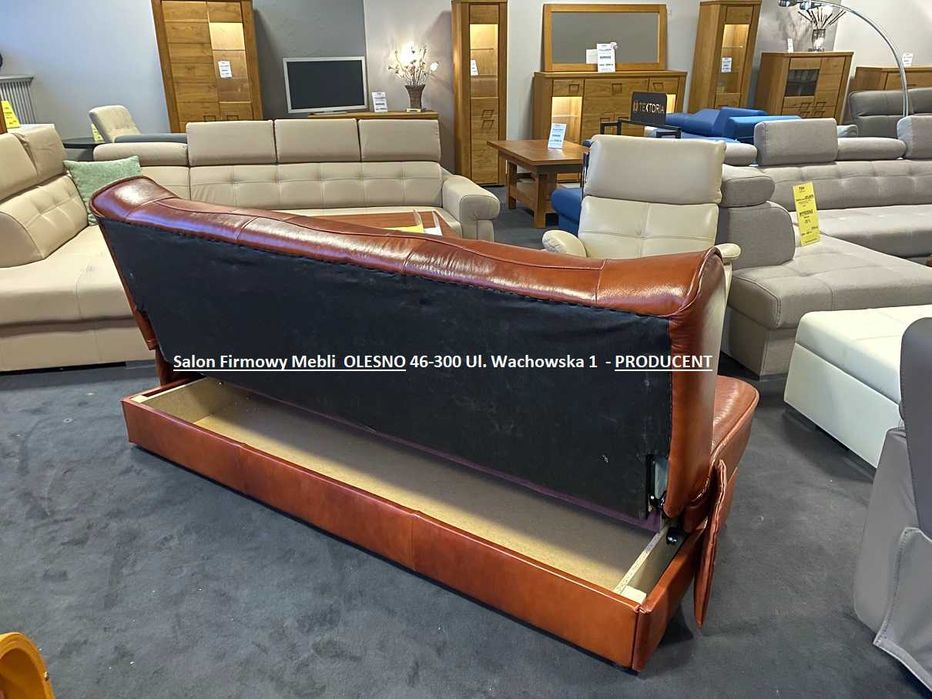 Nowa Kanapa 200cm FINKA, Skóra Naturalna, Spanie, -33% = MEBLE PYKA