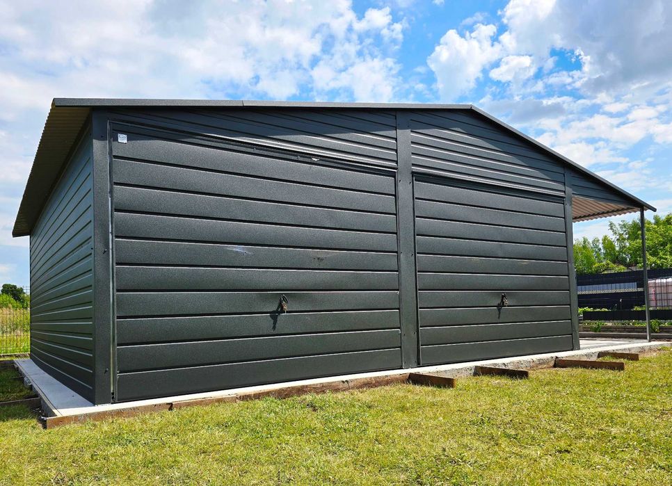 Garaż Blaszany Antracyt Mat + Dodatkowa Wiata z Paneli