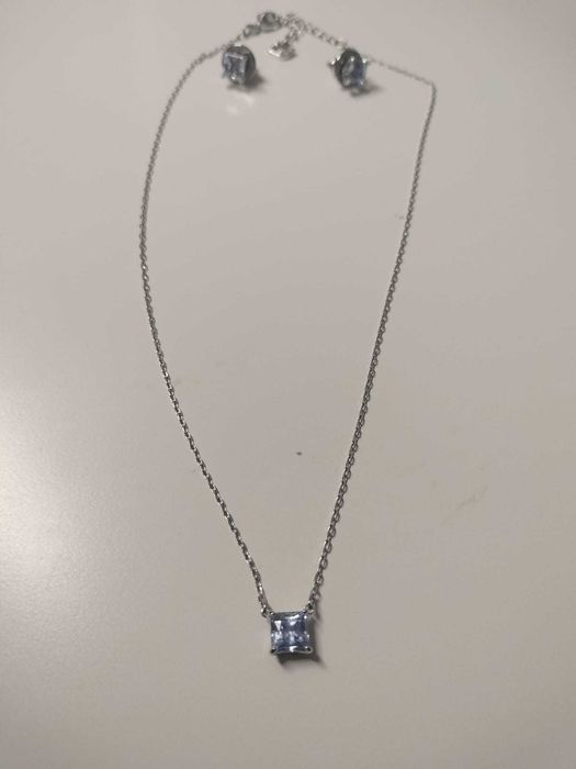 Conjunto Swarovski Colar + Brincos Cristal Azul Corte Quadrado