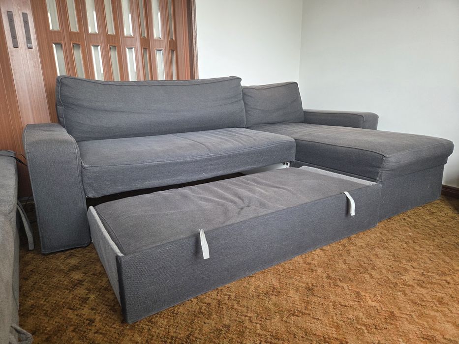 Sofá-cama de canto com chaise e arrumação – cinza escuro