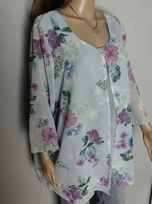 Bluzka błękitna kwiaty elegancka plus size 50 5XL old money kolorowa