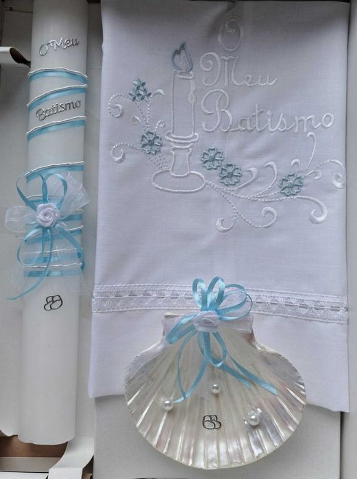 conjunto para batismo / batizado: vela, concha, toalha