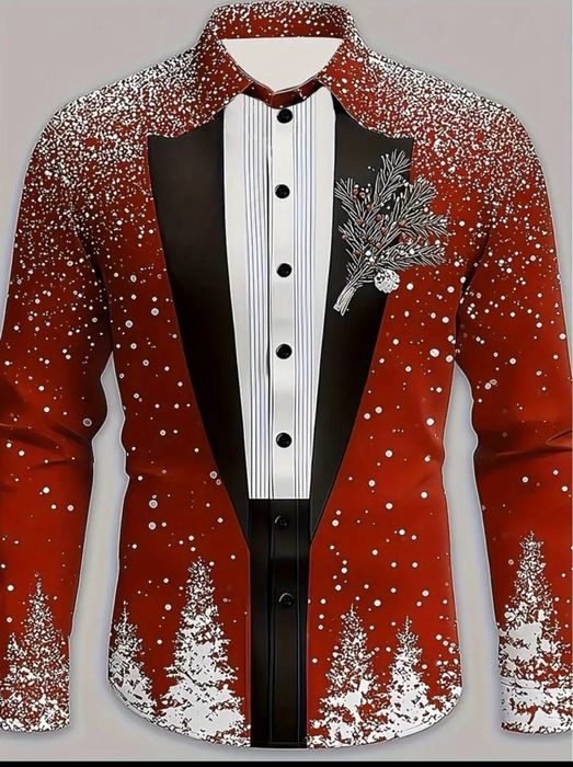 Стильна чоловіча сорочка з новорічним принтом (під смокінг)
