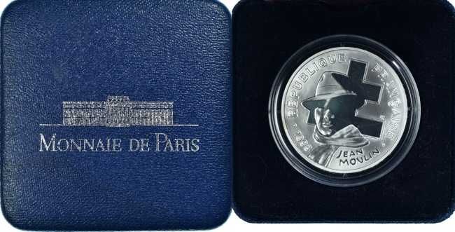 Moeda de Prata - França, 100 Francs "Jean Moulin"  1993 BNC